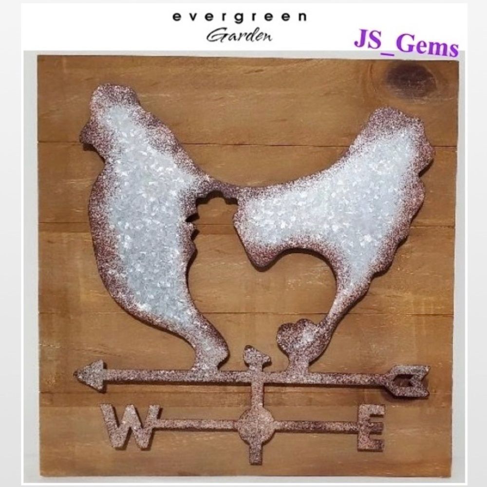 New Weathervane Distressed Silver Metal Rooster On Wood Square Home Décor